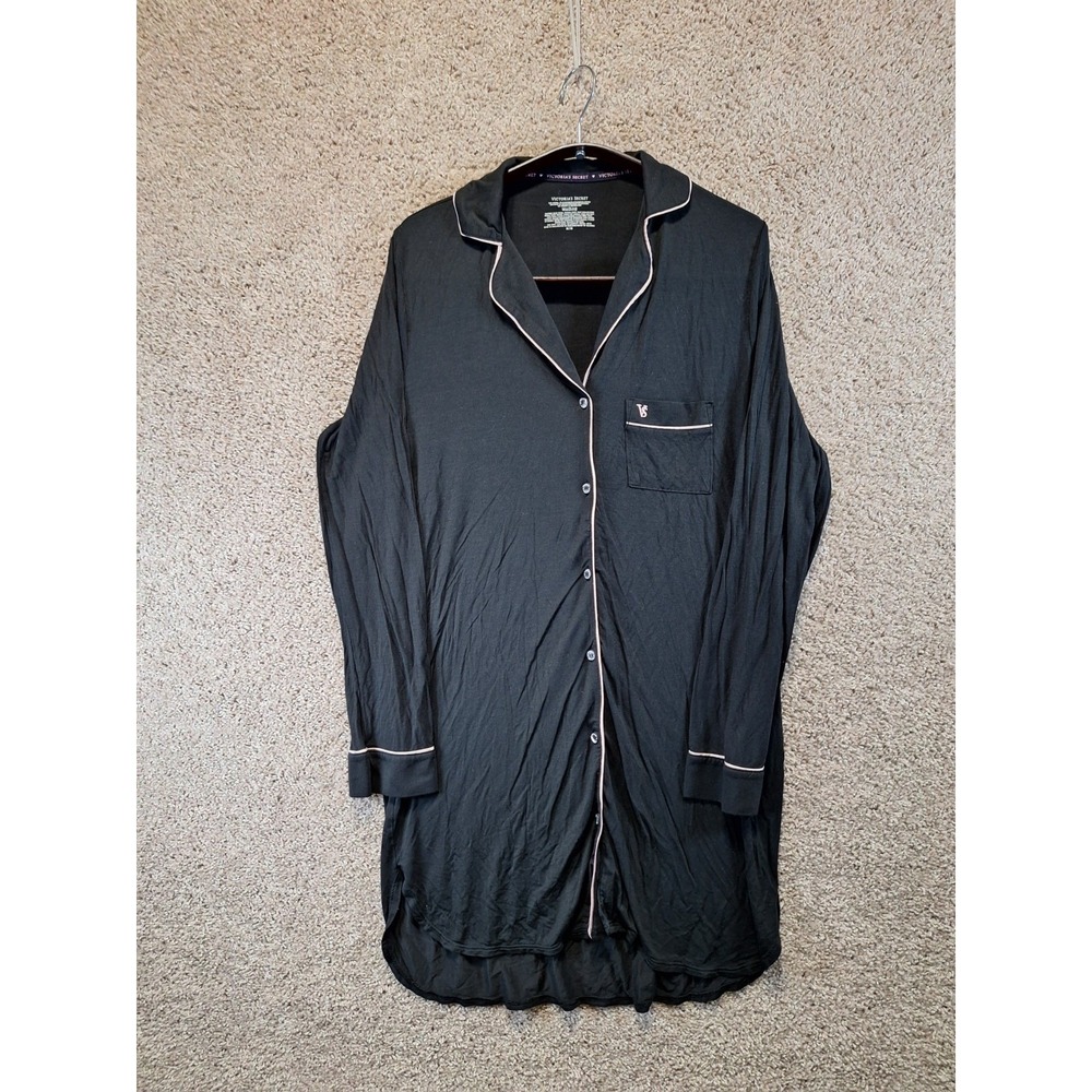 Victoria's Secret Long Sleepwear Shirt Womens Medium Black Lightweight Button Up
